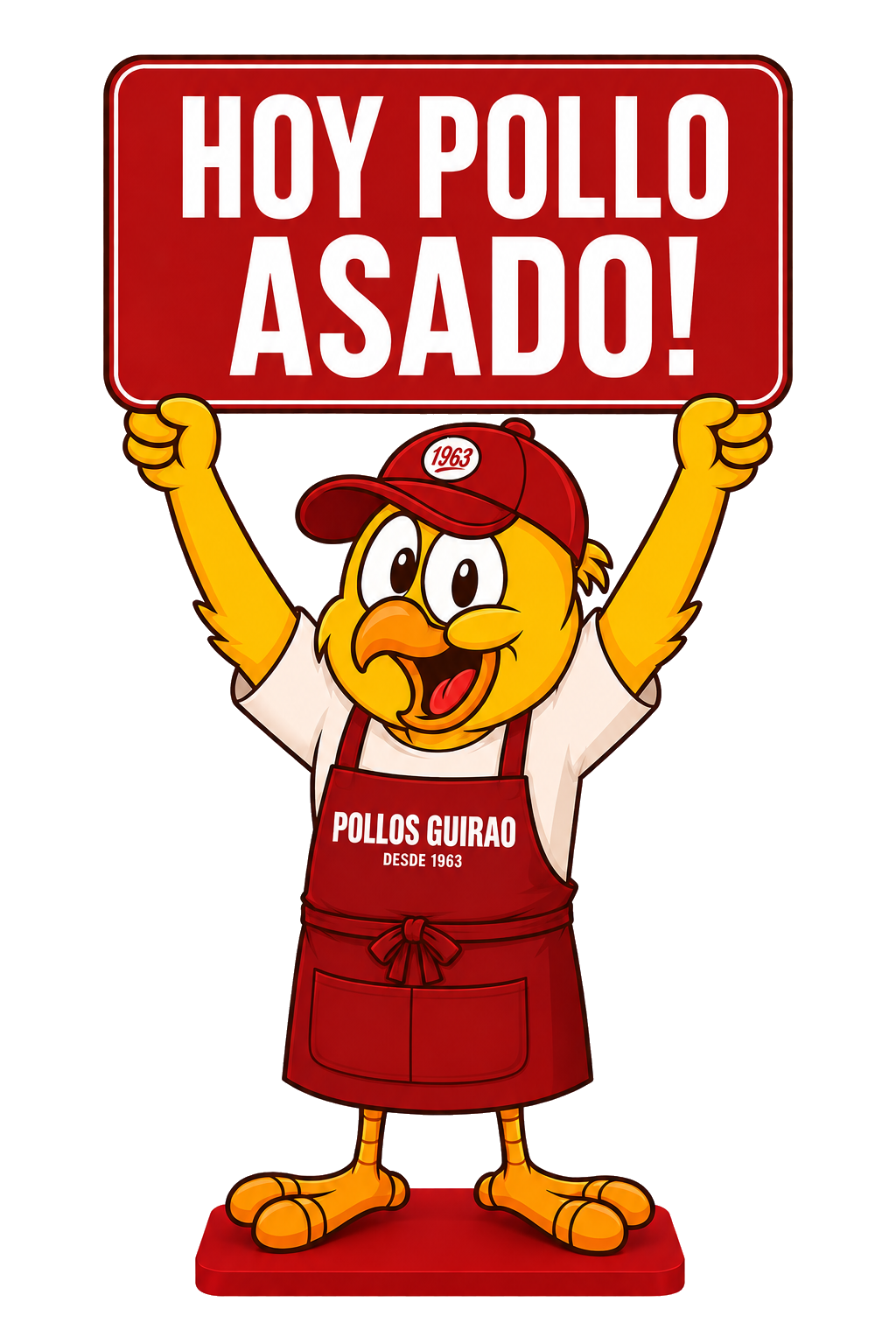 Mascota de Pollos Guirao sosteniendo un cartel de Hoy pollo asado