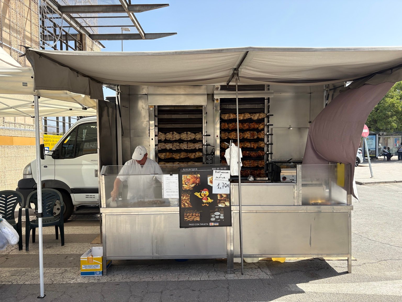 Puesto de Pollos Guirao asando pollos en el mercado